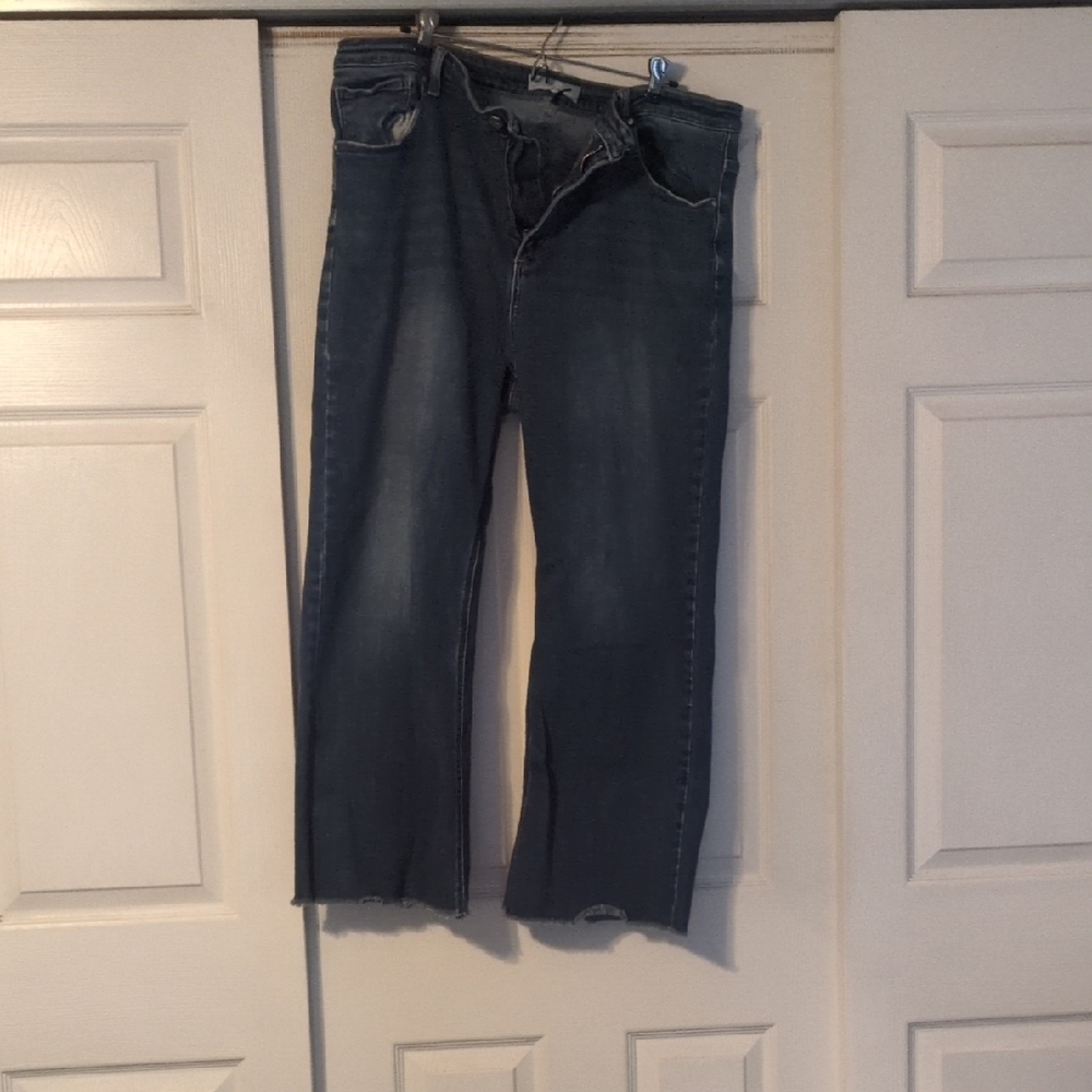 Risen Indigo Flare Frayed Hem Mid Rise Dark Wash Jeans
